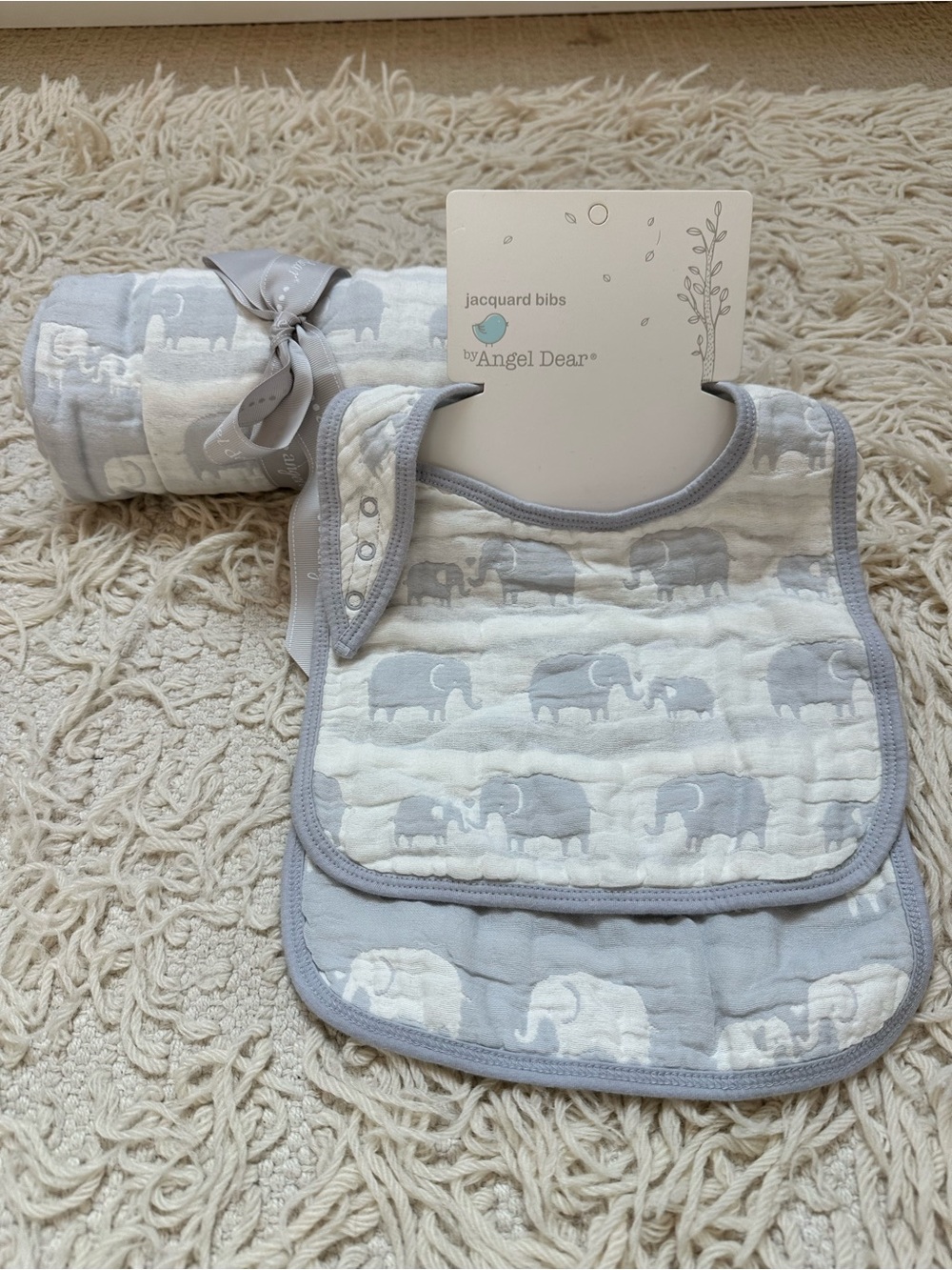 Angel Dear Gray Elephant Reversible Muslin Bib and Blanket Set 🐘 NWT 🐘